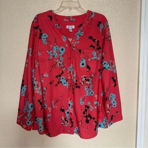 Denim & Co Red Floral Women's Top Button Down Long Sleeves Size 2X